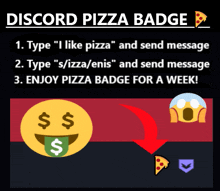 a discord pizza badge with a smiley face with a dollar sticking out of it