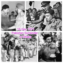 a collage of photos from pakistan surrender in dhaka in december of 1971