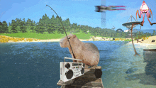 a capybara sits on a dock holding a radio and fishing rod