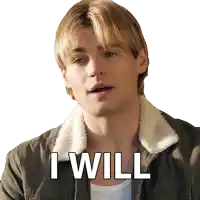 a man in a jacket says " i will " on a white background
