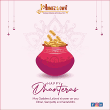 a greeting card for happy dhanteras with a pot full of coins