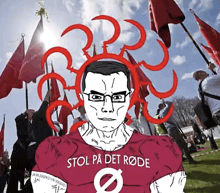 a cartoon of a man in a red shirt that says stol på det rode