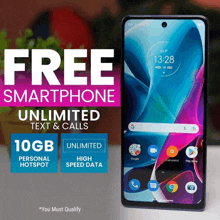 an advertisement for a free smartphone with 10gb of data