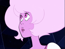 a close up of a cartoon character with a pink hair and pink eyes