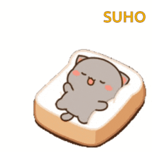 a cartoon cat is sitting on top of a piece of bread with the word suho above it .