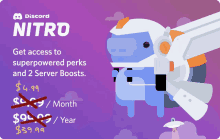 an advertisement for discord nitro that says get access to superpowered perks and 2 server boosts for $ 4.99 / month