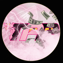 a pink panther is surrounded by hundred dollar bills and lightning strikes