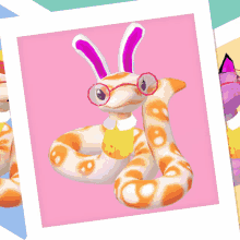 a picture of a snake with bunny ears and glasses on a pink background