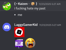 a screen shot of a discord conversation between kaizen and laggy gamerkid