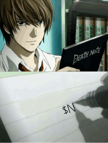 a man is holding a death note and a pen is drawing a dollar sign on a piece of paper