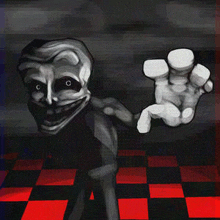 a black and white painting of a creepy monster standing on a red and black checkered floor .