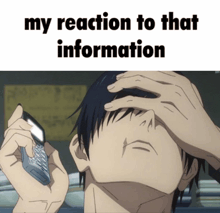 a man talking on a cell phone with the words my reaction to that information above him
