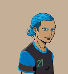 a cartoon drawing of a boy with blue hair and the number 21 on his shirt