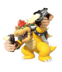 a cartoon character is holding a gun with a bullet sticking out of it