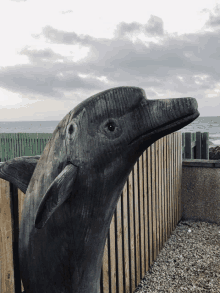 a statue of a dolphin is standing in front of a wooden fence