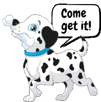 a dalmatian dog with a bone in its mouth and a speech bubble that says come get it