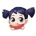 a cartoon girl with pigtails is eating a slice of watermelon .