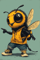 a cartoon drawing of a bee wearing a yellow jacket and jeans