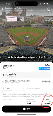 a screenshot of a mlb app showing a baseball stadium and the option to pay