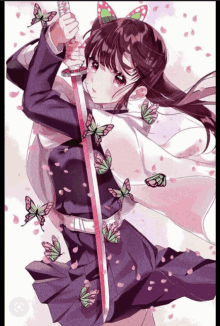 a girl holding a sword surrounded by butterflies and petals