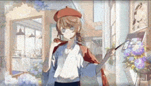 a girl in a red beret is holding a brush in front of a cafe