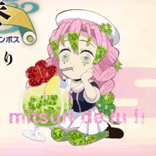 a girl with pink hair and green leaves is sitting next to a glass of ice cream with strawberries on top .