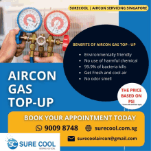 an advertisement for aircon gas top-up by sure cool