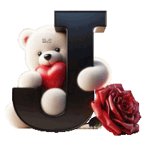 a black letter j with a teddy bear holding a red heart and a red rose