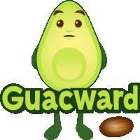 a guacward logo with an avocado and a nut in the background