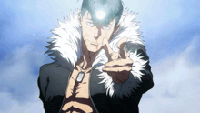 a man with a fur collar is pointing his finger at the camera