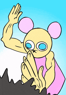 a cartoon drawing of a mouse with muscles and a pink dress