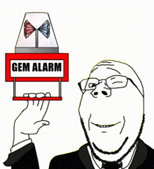 a cartoon man is holding up a gem alarm