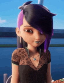a cartoon girl with purple hair and green teeth is sitting in a chair .