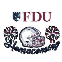 a logo for fdu homecoming with a football helmet and two pom poms