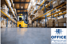 a man is driving a forklift in a warehouse with a logo for office personal in the background