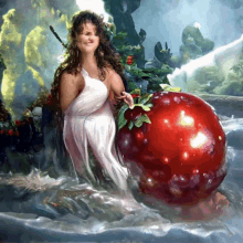 a woman in a white dress is holding a giant red apple