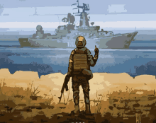 a painting of a soldier standing on a beach in front of a ship with the letter r on the bottom