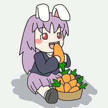 a cartoon girl with bunny ears eating a carrot next to a basket of carrots