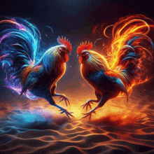 two colorful roosters are standing next to each other in the desert