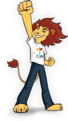 a cartoon lion is holding his fist up in the air .