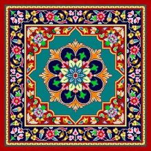 a colorful floral pattern on a blue background with a red border .