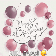 a birthday card for niki boo with pink balloons in the background