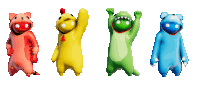 a red cat a yellow chicken a green lizard and a blue bear are standing next to each other on a white background