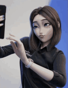 a cartoon girl is taking a selfie with a phone .