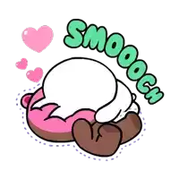 a cartoon drawing of a bunny laying on a donut with the words smooch written above it