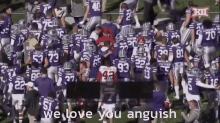 a group of football players on a field with the words " we love you anguish " in the corner