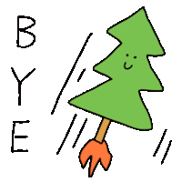 a cartoon drawing of a christmas tree with a face and a rocket on its leg .