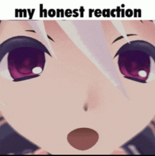 a close up of a girl 's face with the words " my honest reaction " above her