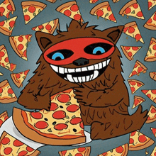 a cartoon drawing of a monster holding a pepperoni pizza