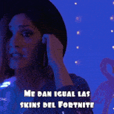 a woman singing into a microphone with the words me dan igual las skins del fortnite above her